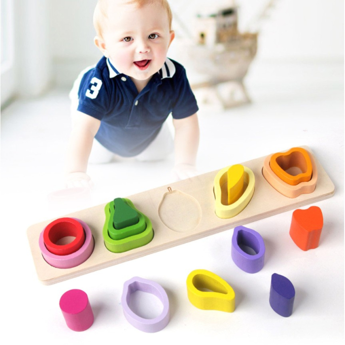 Jucarie Montessori din Lemn, Tip Puzzle, cu 5 Forme Asimetrice, 15 Piese, Model Fructe, Educativa, Interactiva, Creativa, Materiale Non Toxice, +2 Ani, 29x6.5 cm, Multicolor [5]