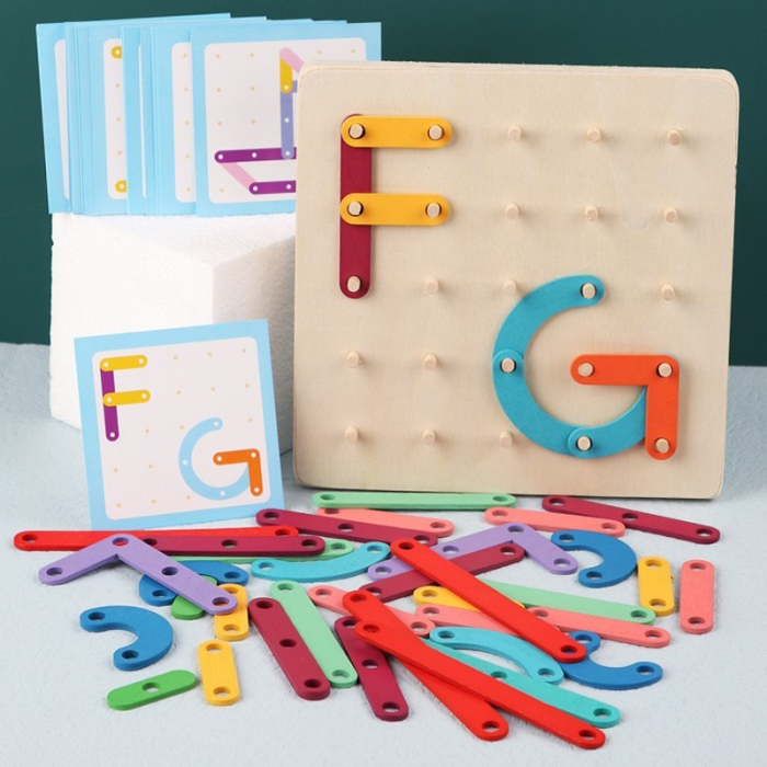 Jucarie Montessori Pegboard, din Lemn, Tip Puzzle, Forme, Litere, Educativ, 17.8 x 17.8 x 1.5 cm, Multicolor [3]