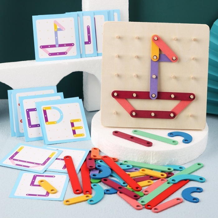 Jucarie Montessori Pegboard, din Lemn, Tip Puzzle, Forme, Litere, Educativ, 17.8 x 17.8 x 1.5 cm, Multicolor [6]