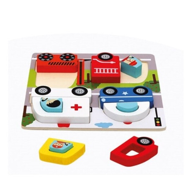Jucarie Montessori, Tip Puzzle 3D, din Lemn, +36 Luni, Model Masini, 18 x 18 x 1.5 cm, Multicolor [2]