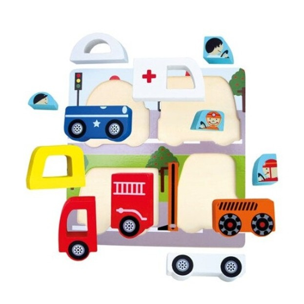 Jucarie Montessori, Tip Puzzle 3D, din Lemn, +36 Luni, Model Masini, 18 x 18 x 1.5 cm, Multicolor [3]