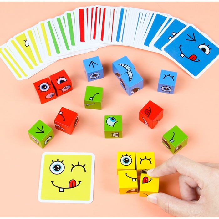 Jucarie pentru copii montessori, cub din lemn, asamblare fete, 64 de carti distractive, pentru baieti si fete, varsta +3 ani, educativ, multicolor [4]