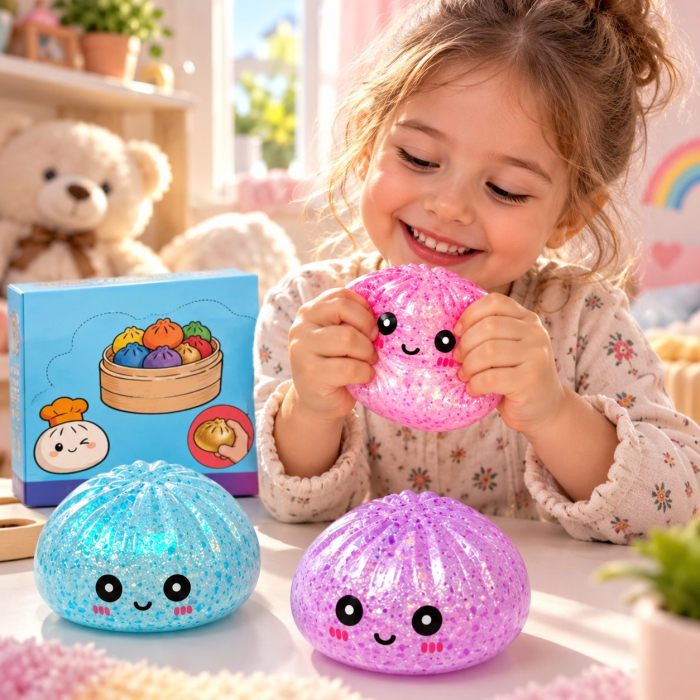 Jucarie Squishy Antistres Dumpling, Model cu Bilute, Revenire Lenta, 16x16 cm, Diverse Culori [5]