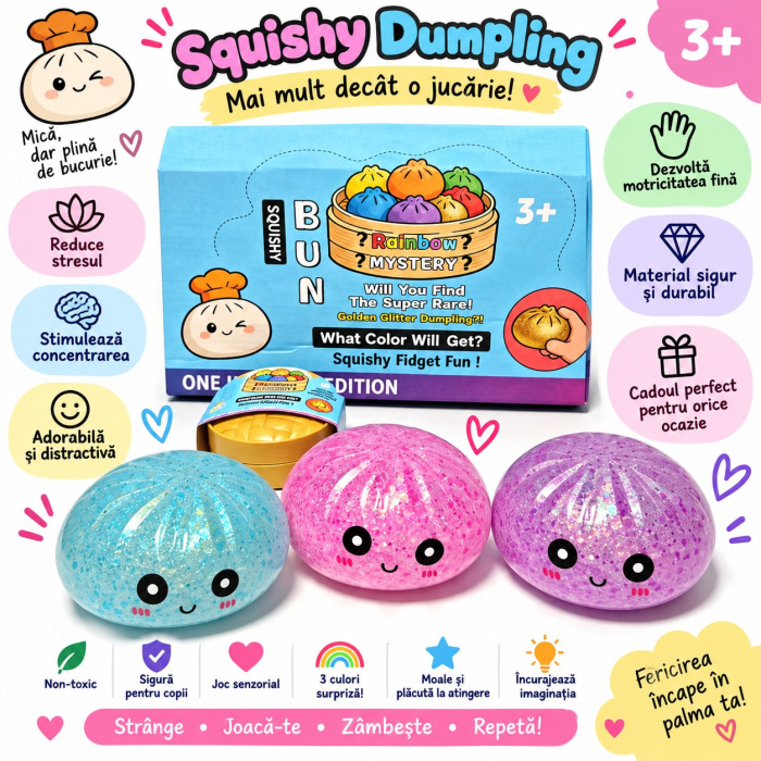 Jucarie Squishy Antistres Dumpling, Model cu Bilute, Revenire Lenta, 16x16 cm, Diverse Culori [2]