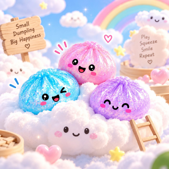 Jucarie Squishy Antistres Dumpling, Model cu Bilute, Revenire Lenta, 16x16 cm, Diverse Culori [6]