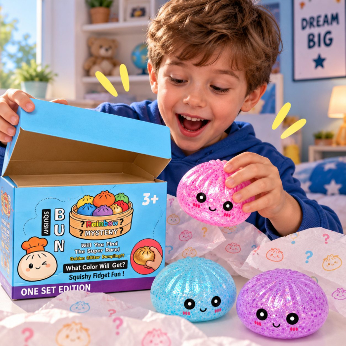 Jucarie Squishy Antistres Dumpling, Model cu Bilute, Revenire Lenta, 16x16 cm, Diverse Culori [4]