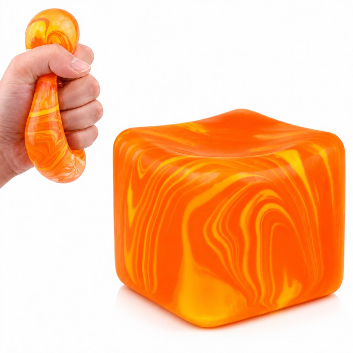 Jucarie Squishy tip Needoh in Forma de Cub de Gheata, Model Linii Flow din Maltoza, Antistres Senzoriala Comprimabila cu Revenire Lenta, 5.5x5.5x5.5 cm, 180 g, Portocaliu [4]