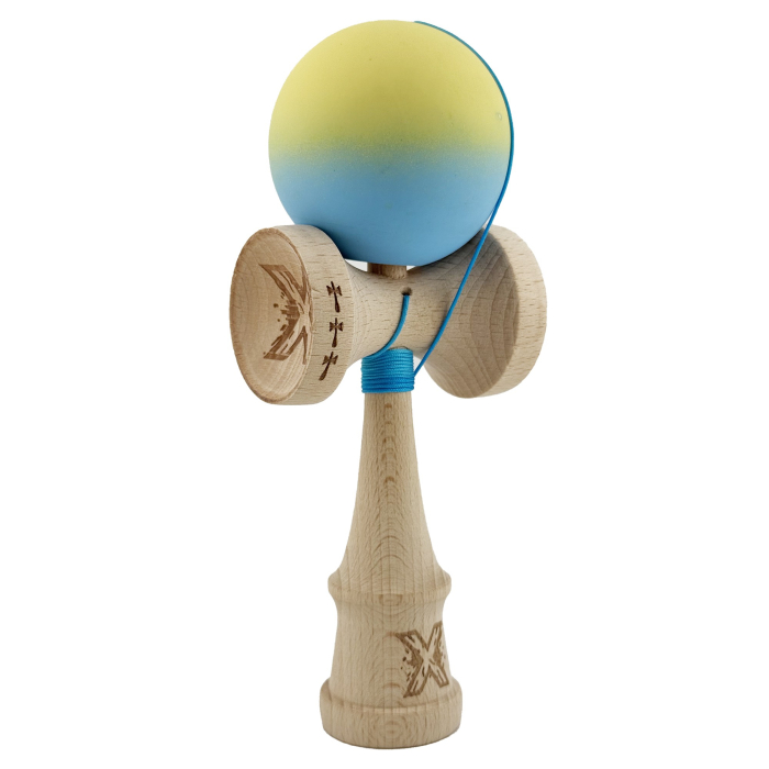 Kendama X Profesionala Big Cups V2, Super Sticky cu Cupe Mari, Rulment Metalic, Ata 55 cm, Gradient Galben/Albastru [8]