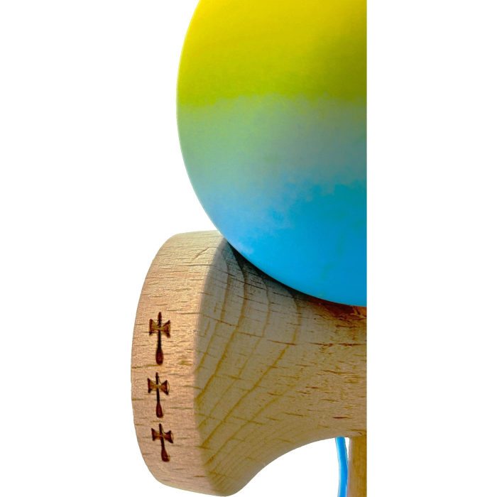 Kendama X Profesionala Big Cups V2, Super Sticky cu Cupe Mari, Rulment Metalic, Ata 55 cm, Gradient Galben/Albastru [4]
