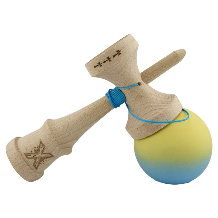 Kendama X Profesionala Big Cups V2, Super Sticky cu Cupe Mari, Rulment Metalic, Ata 55 cm, Gradient Galben/Albastru [7]