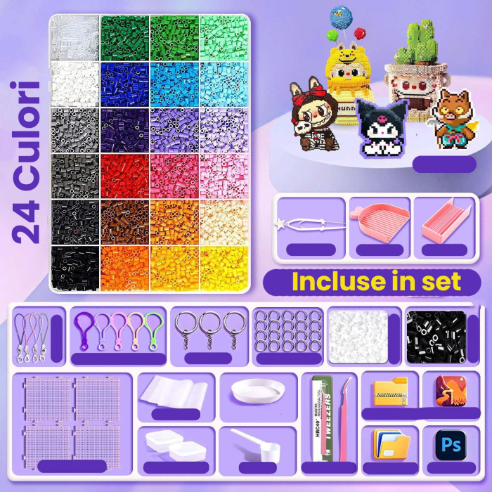 Kit de Margele Perle, Set DIY 3D din 24 de Culori, 2000 de piese, Instrumente pentru Margele Incluse, 2.6 mm in cutie, Multicolor [2]