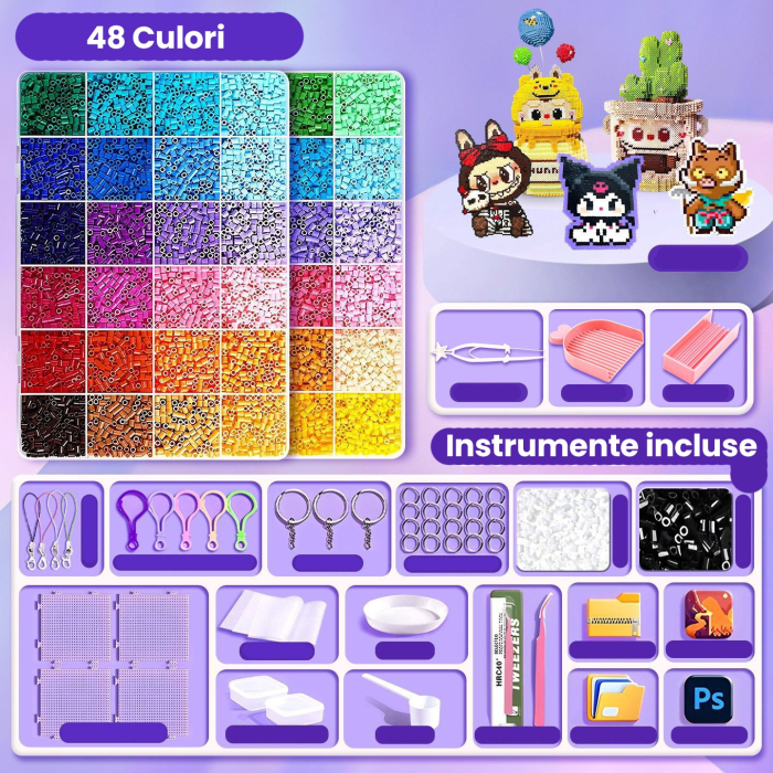 Kit de Margele Perle, Set DIY 3D din 48 de Culori, 4000 de piese, Instrumente pentru Margele Incluse, 2.6 mm in cutie, Multicolor [2]