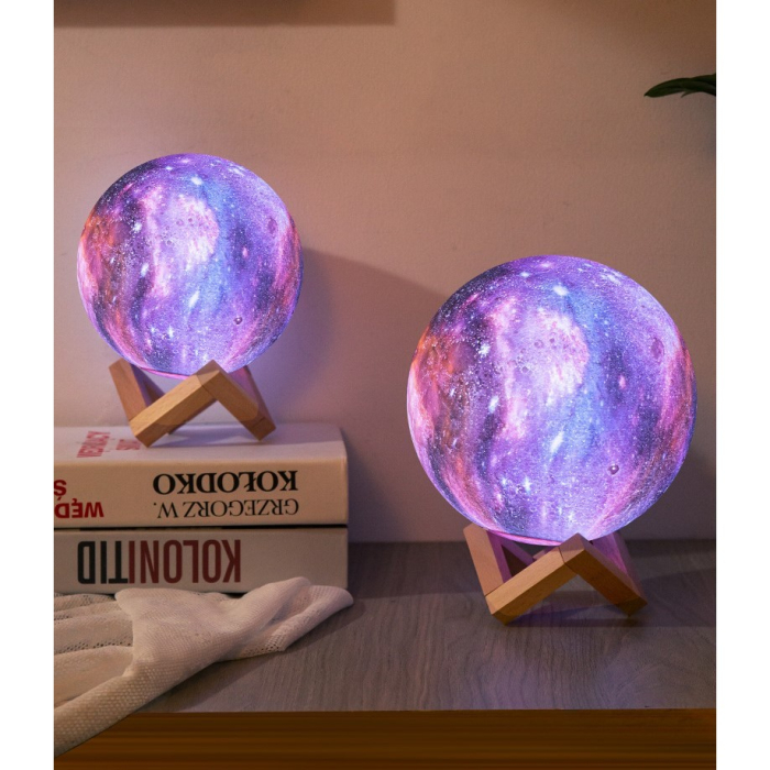 Lampa de veghe in forma de luna cu stele 3D Moon Light 7 culori, alimentare baterii, stand din lemn inclus, 15 cm [5]