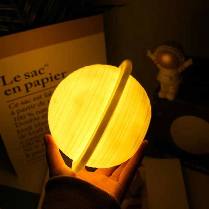 Lampa de Veghe, Model Planeta Saturn, 3D, Lumina Alb Cald, Suport din Plastic, cu Baterii, 13 cm, Alb [8]