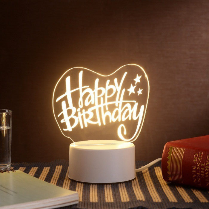 Lampa LED decorativa, 3D, Happy Birthday, cu USB si baterii, 20 cm inaltime, din material acril, lumina multicolora si telecomanda inclusa, alb [5]