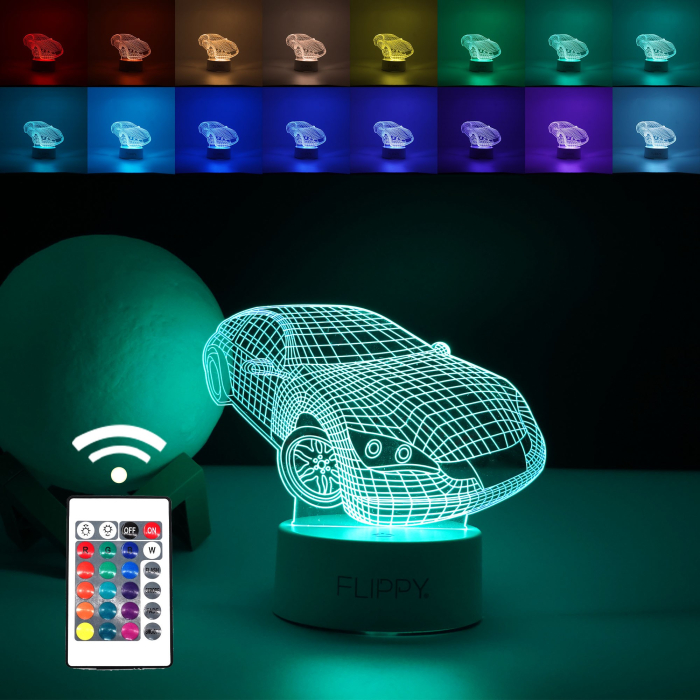 Lampa LED decorativa, 3D, Masina Sport, doua moduri de alimentare USB si baterii, 20 cm inaltime, din material acril si lumina multicolora, alb [1]