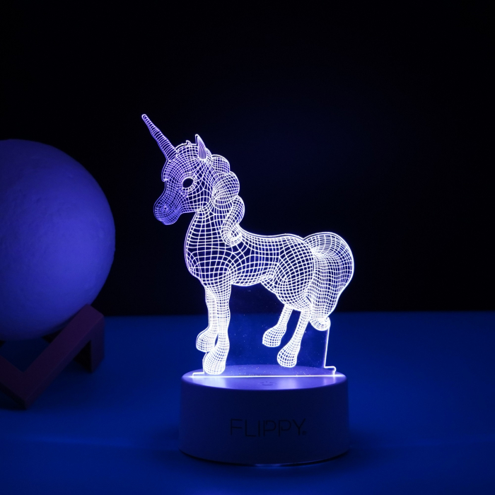 Lampa LED decorativa, 3D, Unicorn, cu USB si baterii, 20 cm inaltime, din material acril, lumina multicolora si telecomanda inclusa, alb [4]