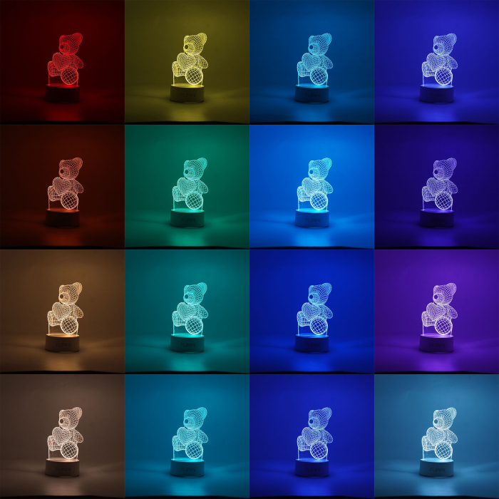 Lampa LED decorativa, 3D, ursulet, din material acril si lumina multicolora, alb [2]