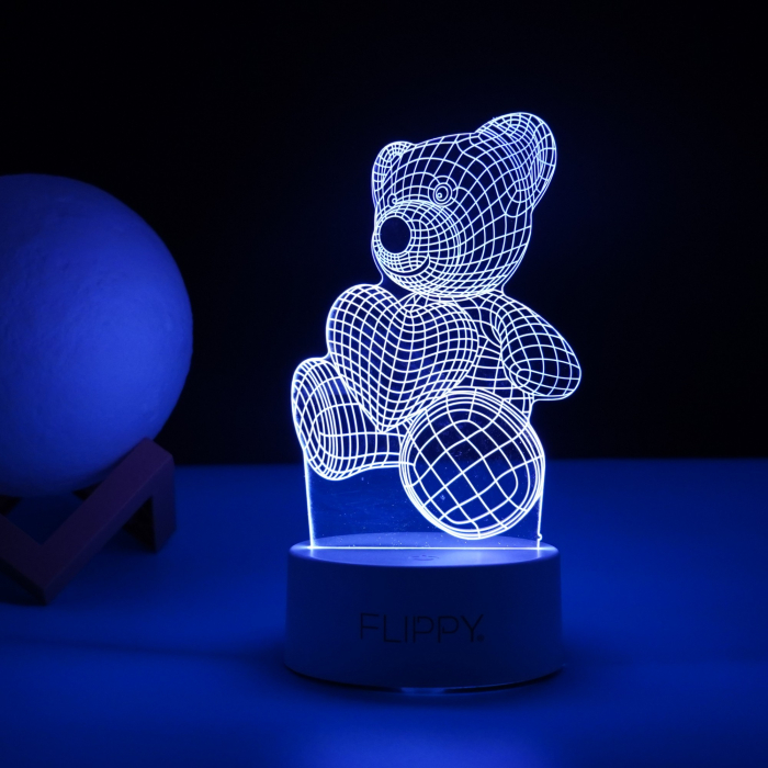 Lampa LED decorativa, 3D, ursulet, din material acril si lumina multicolora, alb [4]