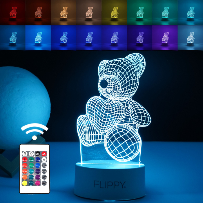 Lampa LED decorativa, 3D, ursulet, din material acril si lumina multicolora, alb [1]