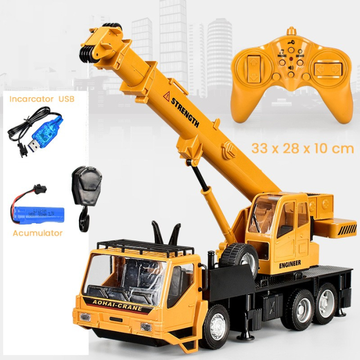 Macara Jucarie pentru Copii, Jucarie Macara cu Telecomanda, Jucarie de Constructie, Acumulator cu Incarcare USB, 33 x 28 x 10 cm, Galben [2]