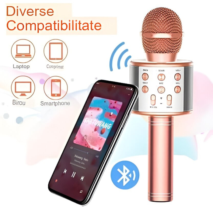 Microfon Karaoke, pentru Copii, Bluetooth, Boxa Incorporata, Compatibil cu Orice Smartphone, Acumulator Integrat, Multifunctional, Rose Gold [5]