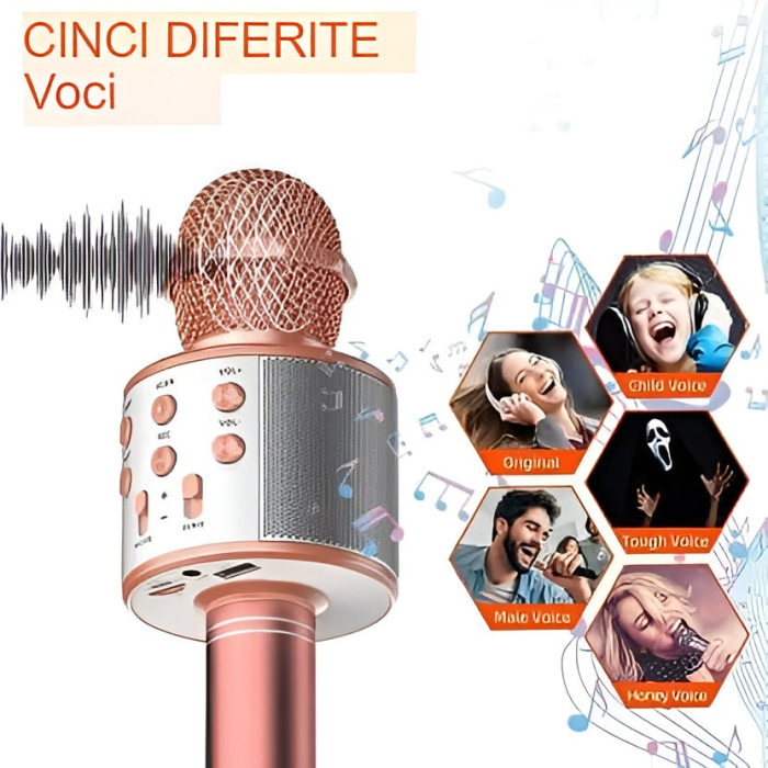 Microfon Karaoke, pentru Copii, Bluetooth, Boxa Incorporata, Compatibil cu Orice Smartphone, Acumulator Integrat, Multifunctional, Rose Gold [6]