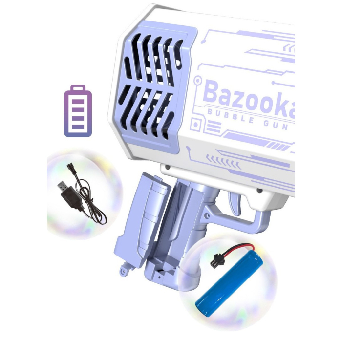 Pistol pentru Baloane de Sapun, 69 de Gauri, Lumini Colorate, Tavita, Lichid, Baterie de Li, Cablu de Incarcare, 24cm x 14cm x 24cm, Mov [6]