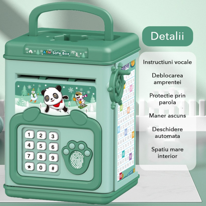 Pusculita pentru Copii, pusculita pentru economii SMART BOX cu efecte sonore, Tip ATM, cu Parola cu Amprenta, din plastic, 20 x 13.5 x 11.5 cm Verde [2]