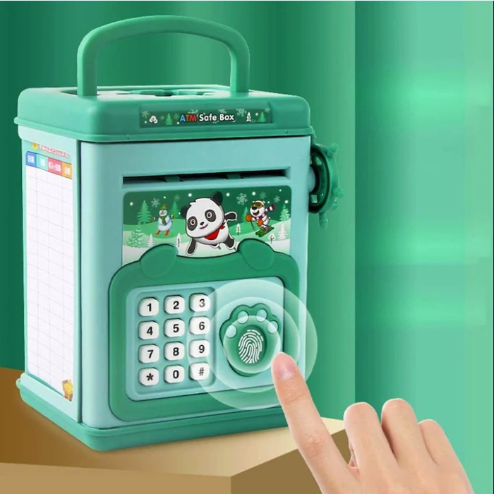 Pusculita pentru Copii, pusculita pentru economii SMART BOX cu efecte sonore, Tip ATM, cu Parola cu Amprenta, din plastic, 20 x 13.5 x 11.5 cm Verde [3]