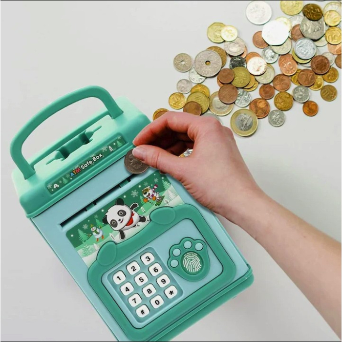 Pusculita pentru Copii, pusculita pentru economii SMART BOX cu efecte sonore, Tip ATM, cu Parola cu Amprenta, din plastic, 20 x 13.5 x 11.5 cm Verde [4]