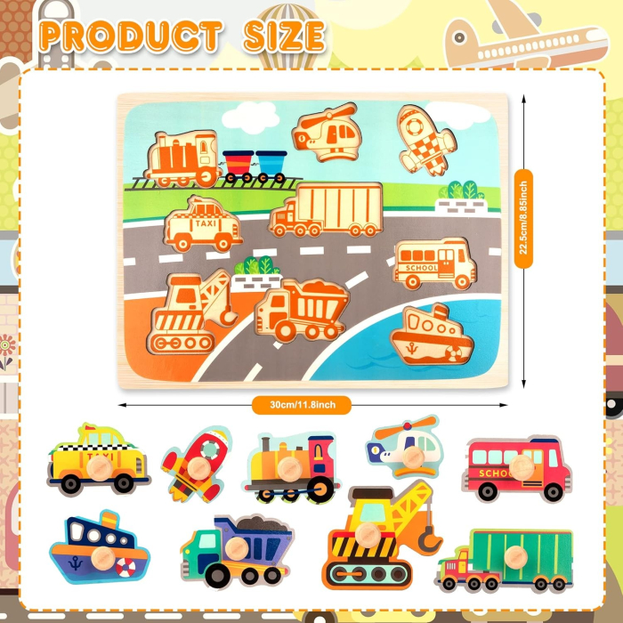 Puzzle Montessori din Lemn pentru Copii, 0-3 Ani, 3D, Model Transporturi, Educativ, Intuitiv, Creativ, 9 Piese, 30x22.5x0.8 cm, Multicolor [4]