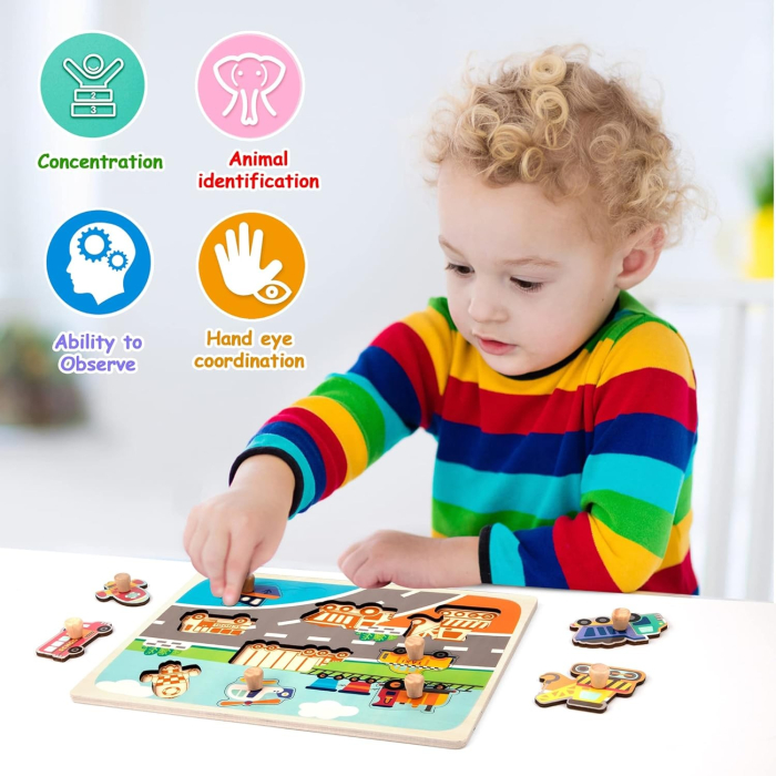 Puzzle Montessori din Lemn pentru Copii, 0-3 Ani, 3D, Model Transporturi, Educativ, Intuitiv, Creativ, 9 Piese, 30x22.5x0.8 cm, Multicolor [7]