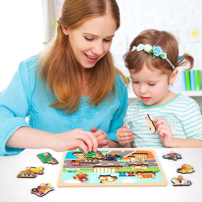 Puzzle Montessori din Lemn pentru Copii, 0-3 Ani, 3D, Model Transporturi, Educativ, Intuitiv, Creativ, 9 Piese, 30x22.5x0.8 cm, Multicolor [3]