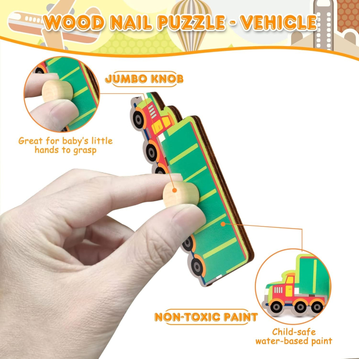 Puzzle Montessori din Lemn pentru Copii, 0-3 Ani, 3D, Model Transporturi, Educativ, Intuitiv, Creativ, 9 Piese, 30x22.5x0.8 cm, Multicolor [5]