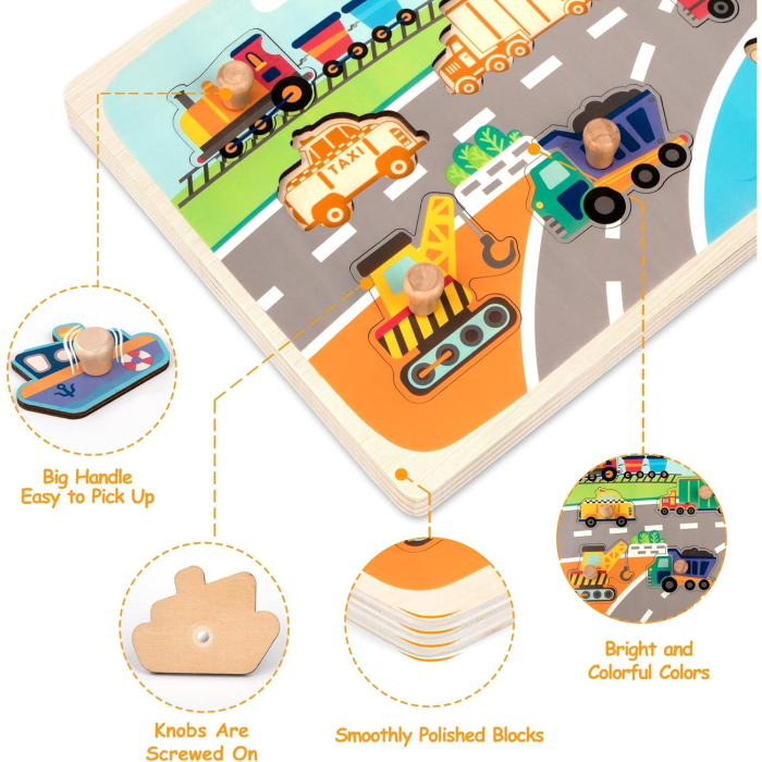 Puzzle Montessori din Lemn pentru Copii, 0-3 Ani, 3D, Model Transporturi, Educativ, Intuitiv, Creativ, 9 Piese, 30x22.5x0.8 cm, Multicolor [6]