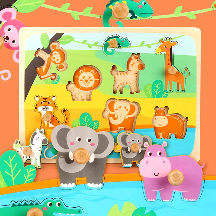 Puzzle Montessori din Lemn pentru Copii, 0-3 Ani, Model Animale din Jungla, Educativ, Intuitiv, Creativ, 9 Piese, 30x22.5x0.8 cm, Multicolor [6]