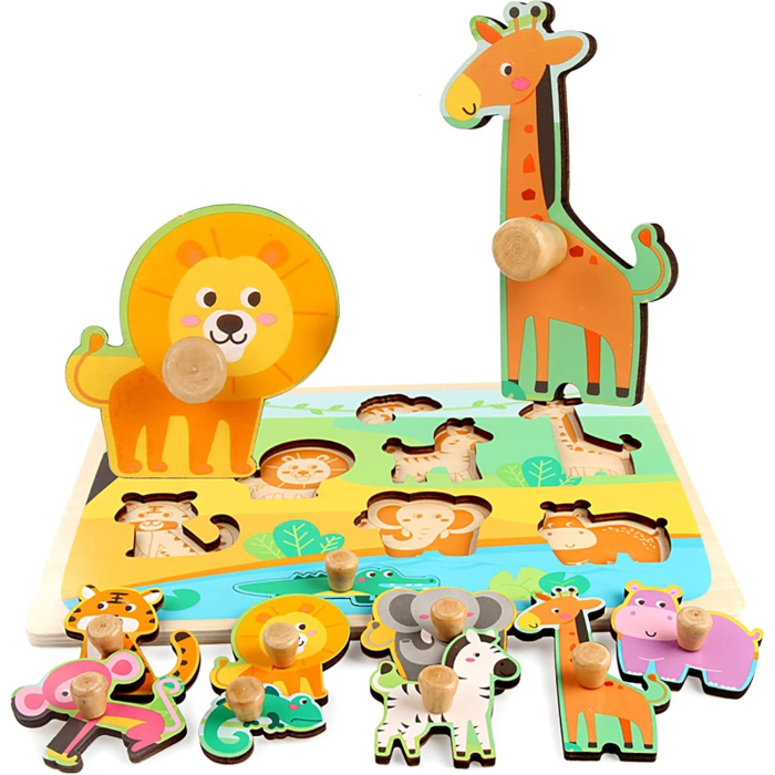 Puzzle Montessori din Lemn pentru Copii, 0-3 Ani, Model Animale din Jungla, Educativ, Intuitiv, Creativ, 9 Piese, 30x22.5x0.8 cm, Multicolor [4]