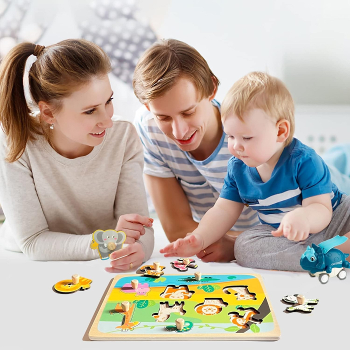 Puzzle Montessori din Lemn pentru Copii, 0-3 Ani, Model Animale din Jungla, Educativ, Intuitiv, Creativ, 9 Piese, 30x22.5x0.8 cm, Multicolor [8]