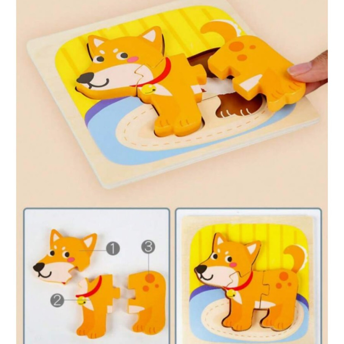 Puzzle Montessori din Lemn pentru Copii, 3D, 0-3 Ani, Model Catel, Educativ, Intuitiv, Creativ, 3 Piese, 15x15x0.5 cm, Multicolor [8]