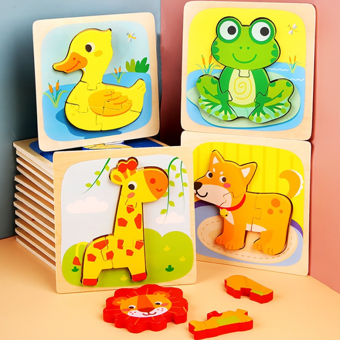 Puzzle Montessori din Lemn pentru Copii, 3D, 0-3 Ani, Model Girafa, Educativ, Intuitiv, Creativ, 4 Piese, 15x15x0.5 cm, Multicolor [6]