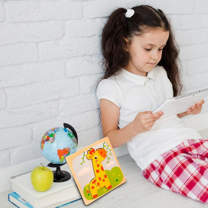 Puzzle Montessori din Lemn pentru Copii, 3D, 0-3 Ani, Model Girafa, Educativ, Intuitiv, Creativ, 4 Piese, 15x15x0.5 cm, Multicolor [11]