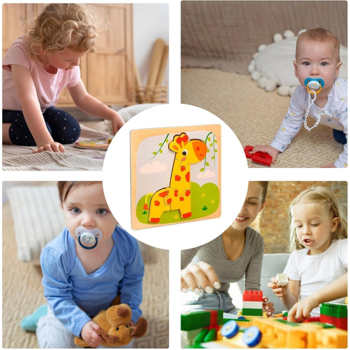 Puzzle Montessori din Lemn pentru Copii, 3D, 0-3 Ani, Model Girafa, Educativ, Intuitiv, Creativ, 4 Piese, 15x15x0.5 cm, Multicolor [12]