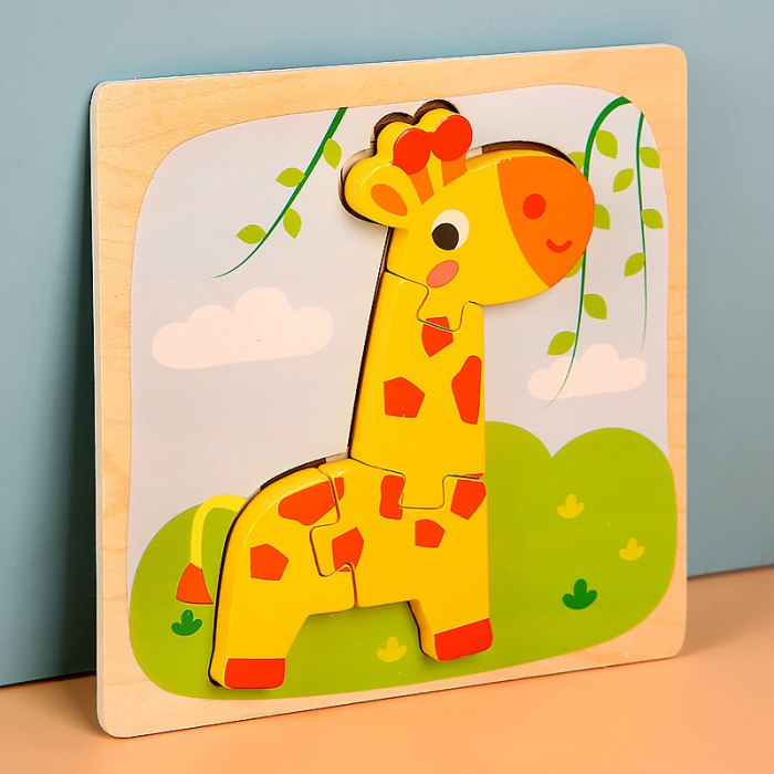 Puzzle Montessori din Lemn pentru Copii, 3D, 0-3 Ani, Model Girafa, Educativ, Intuitiv, Creativ, 4 Piese, 15x15x0.5 cm, Multicolor [2]