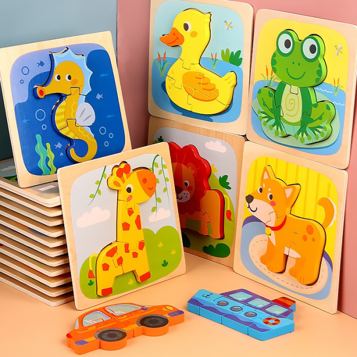 Puzzle Montessori din Lemn pentru Copii, 3D, 0-3 Ani, Model Girafa, Educativ, Intuitiv, Creativ, 4 Piese, 15x15x0.5 cm, Multicolor [7]