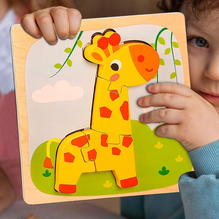 Puzzle Montessori din Lemn pentru Copii, 3D, 0-3 Ani, Model Girafa, Educativ, Intuitiv, Creativ, 4 Piese, 15x15x0.5 cm, Multicolor [10]