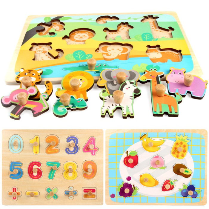 Puzzle Montessori din Lemn pentru Copii, 3D, 0-3 Ani, Model Legume, Educativ, Intuitiv, Creativ, 9 Piese, 30x22.5x0.8 cm, Multicolor [3]