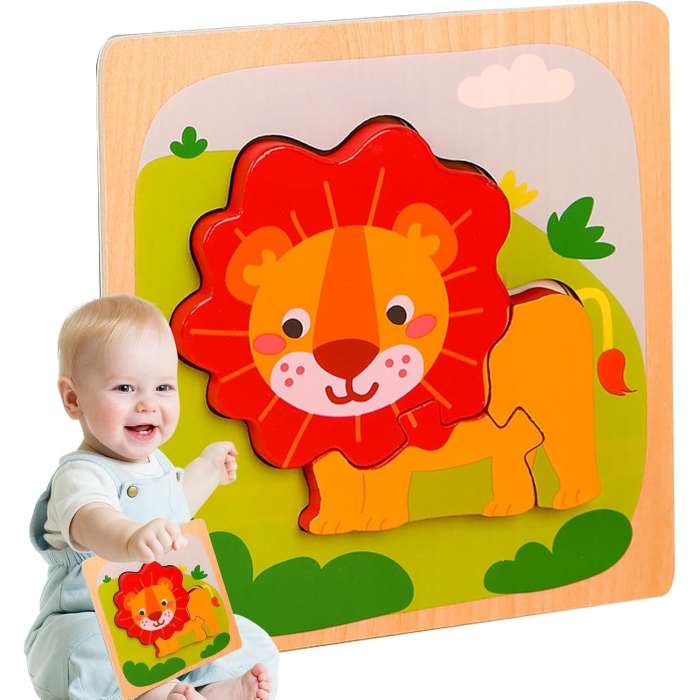 Puzzle Montessori din Lemn pentru Copii, 3D, 0-3 Ani, Model Leu, Educativ, Intuitiv, Creativ, 3 Piese, 15x15x0.5 cm, Multicolor [4]