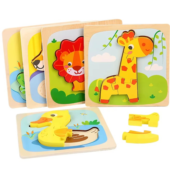 Puzzle Montessori din Lemn pentru Copii, 3D, 0-3 Ani, Model Leu, Educativ, Intuitiv, Creativ, 3 Piese, 15x15x0.5 cm, Multicolor [9]