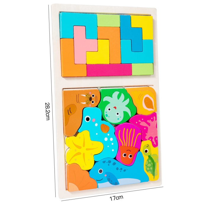 Puzzle Montessori din Lemn pentru Copii, Tip Tetris 2in1 +3 Ani, cu Animale Marine Colorate 3D, Educativ, Intuitiv, Creativ, 21 de Piese, 28.5x17x1.2 cm, Multicolor [3]